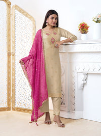 Off-White Tissue with Bandhani Print With Pink Colour Contrast Dupatta Kurta Suit Set