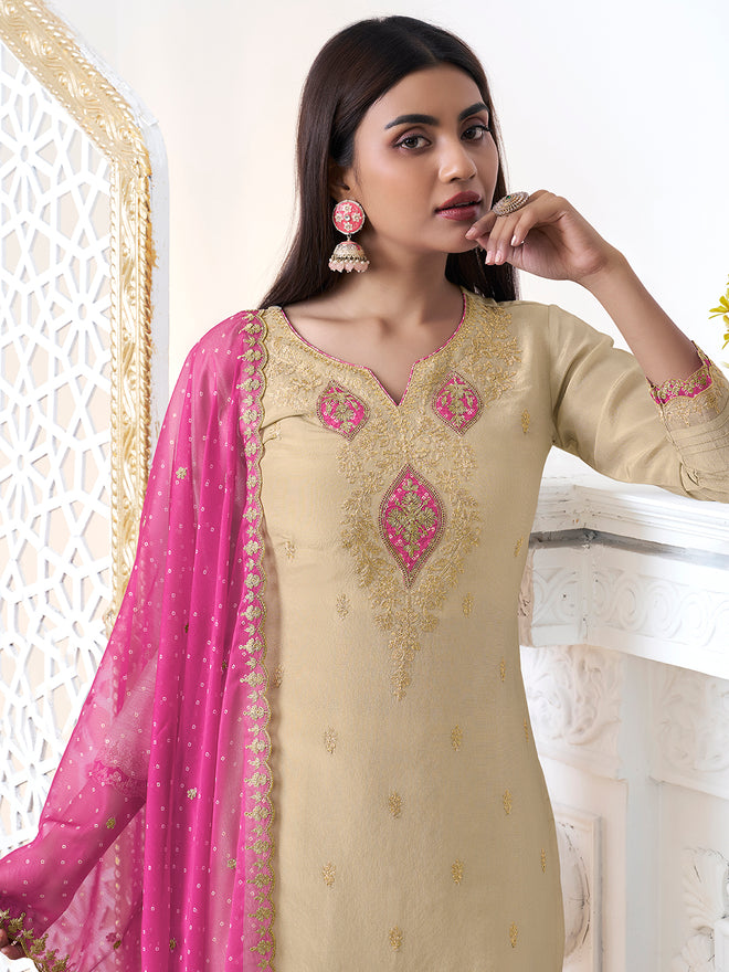 Off-White Tissue with Bandhani Print With Pink Colour Contrast Dupatta Kurta Suit Set