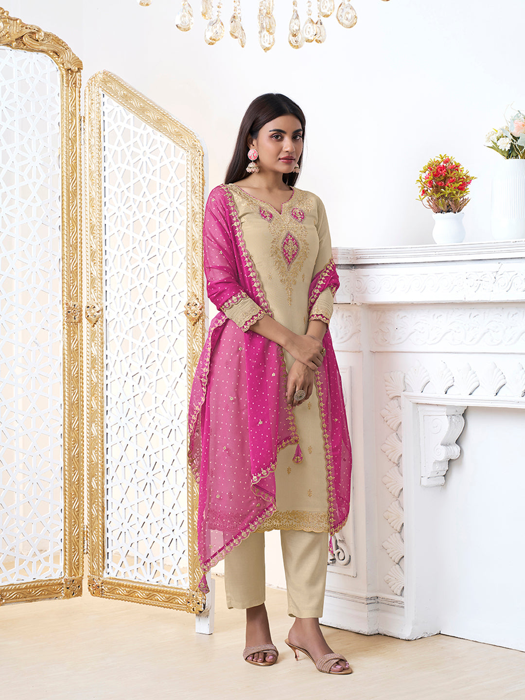 Off-White Tissue with Bandhi Print Colour Contrast Dupatta Kurta Suit Set