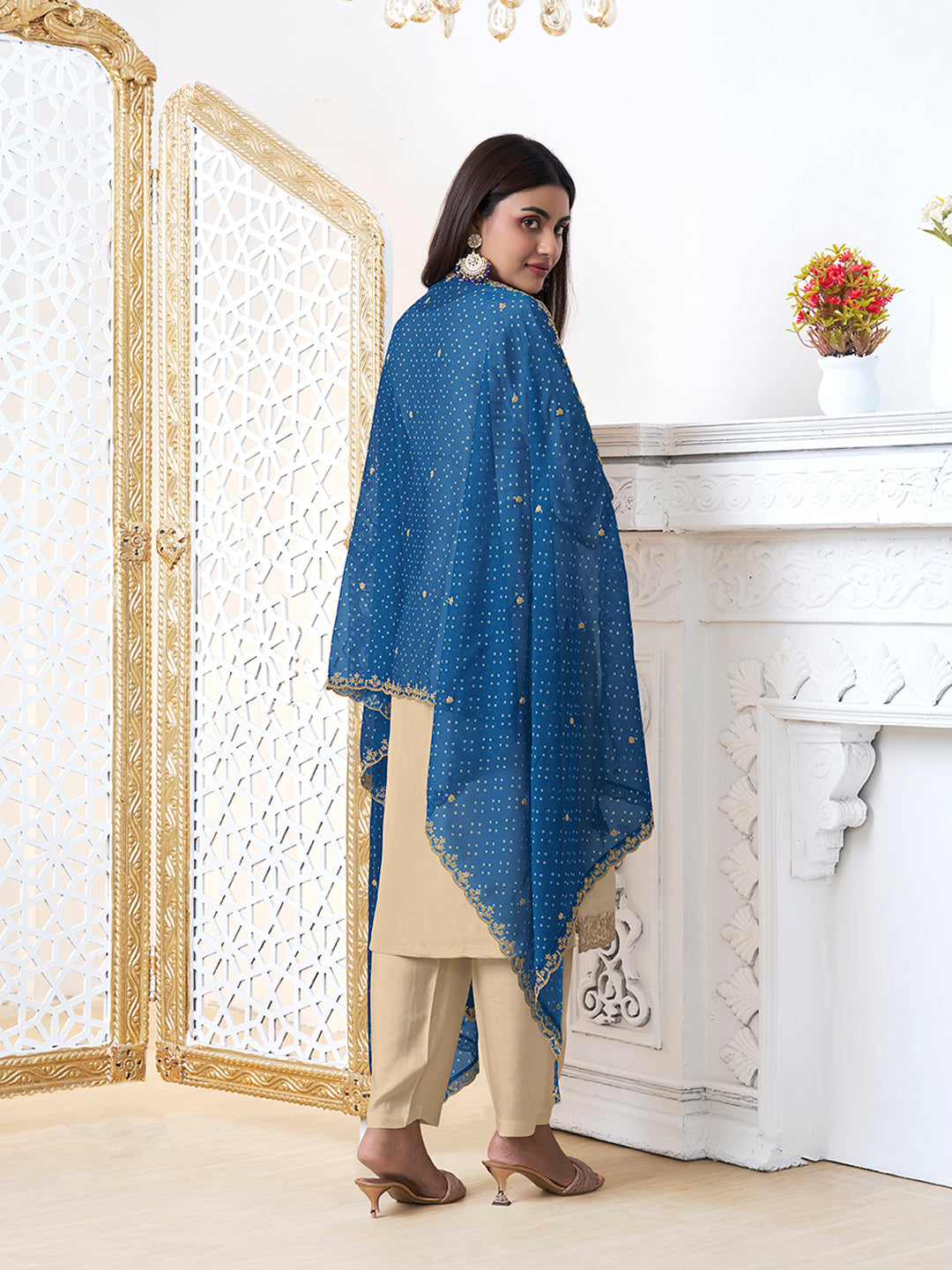 Off-White Tissue with Bandhi Print Colour Contrast Dupatta Kurta Suit Set