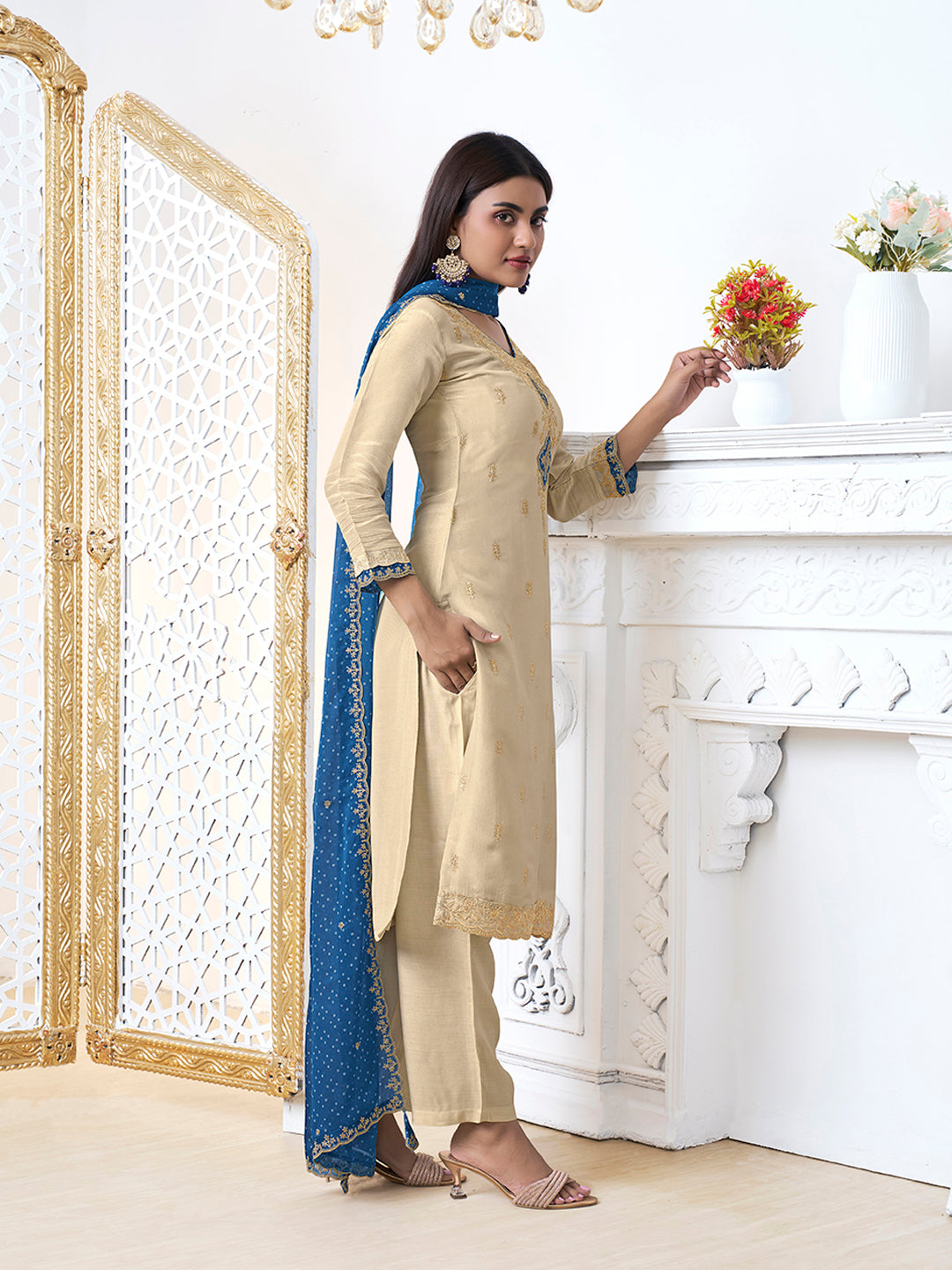 Off-White Tissue with Bandhi Print Colour Contrast Dupatta Kurta Suit Set