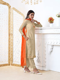 Off-White Tissue with Bandhani Print With Orange Colour Contrast Dupatta Kurta Suit Set