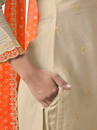 Off-White Tissue with Bandhani Print With Orange Colour Contrast Dupatta Kurta Suit Set