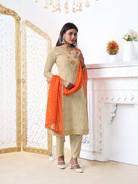 Off-White Tissue with Bandhani Print With Orange Colour Contrast Dupatta Kurta Suit Set