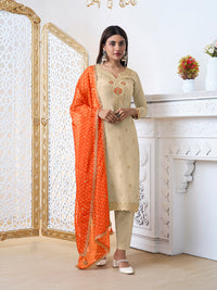 Off-White Tissue with Bandhani Print With Orange Colour Contrast Dupatta Kurta Suit Set