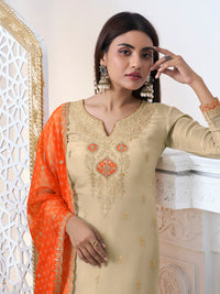 Off-White Tissue with Bandhani Print With Orange Colour Contrast Dupatta Kurta Suit Set