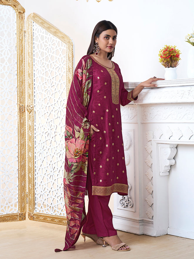 Wine Dola Ethnic Motifs Jacquard Kurta Suit Set