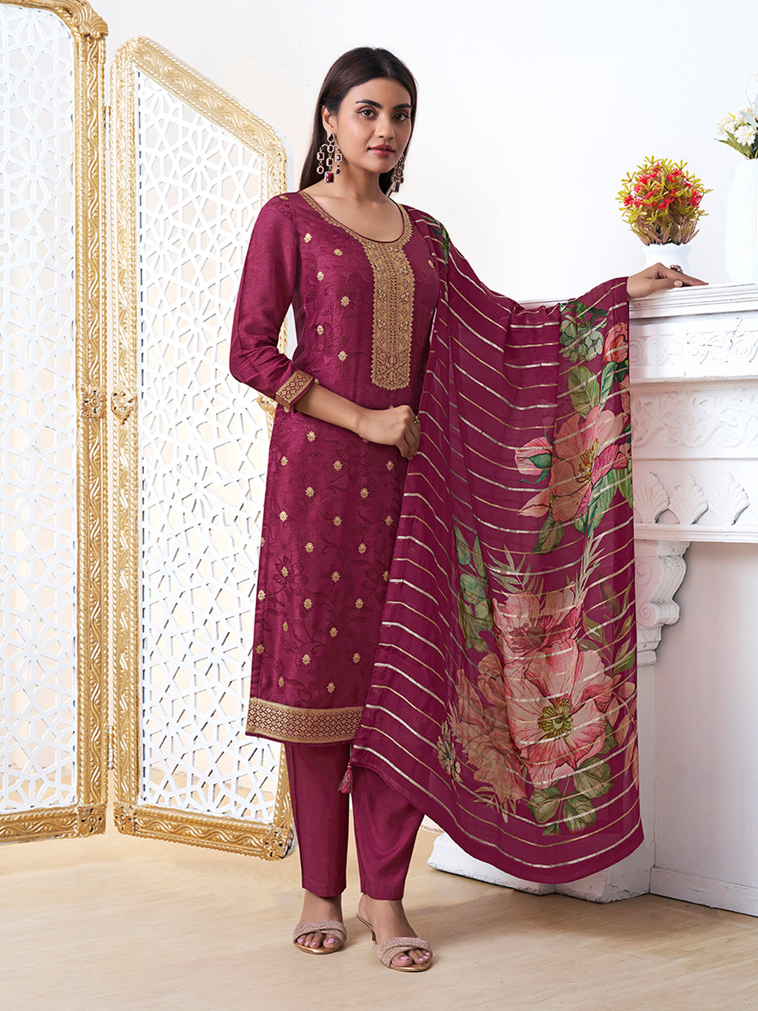 Wine Dola Ethnic Motifs Jacquard Kurta Suit Set