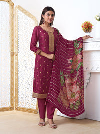 Wine Dola Ethnic Motifs Jacquard Kurta Suit Set