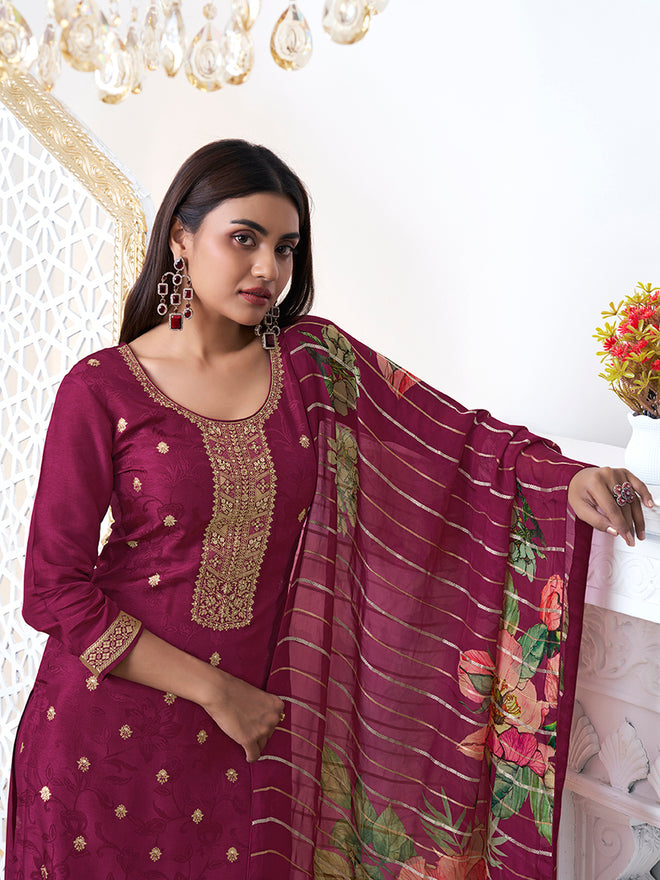 Wine Dola Ethnic Motifs Jacquard Kurta Suit Set