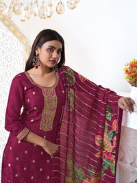 Wine Dola Ethnic Motifs Jacquard Kurta Suit Set