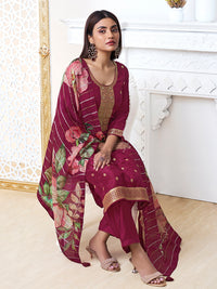 Wine Dola Ethnic Motifs Jacquard Kurta Suit Set