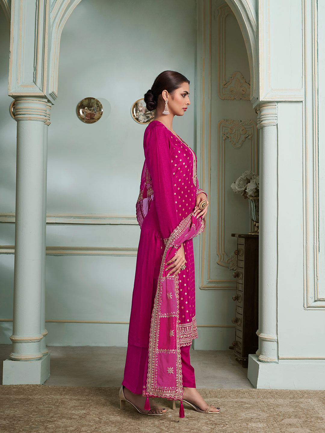 Hot Pink Kurta Set in Dola Jacquard with Sequins Embroidery