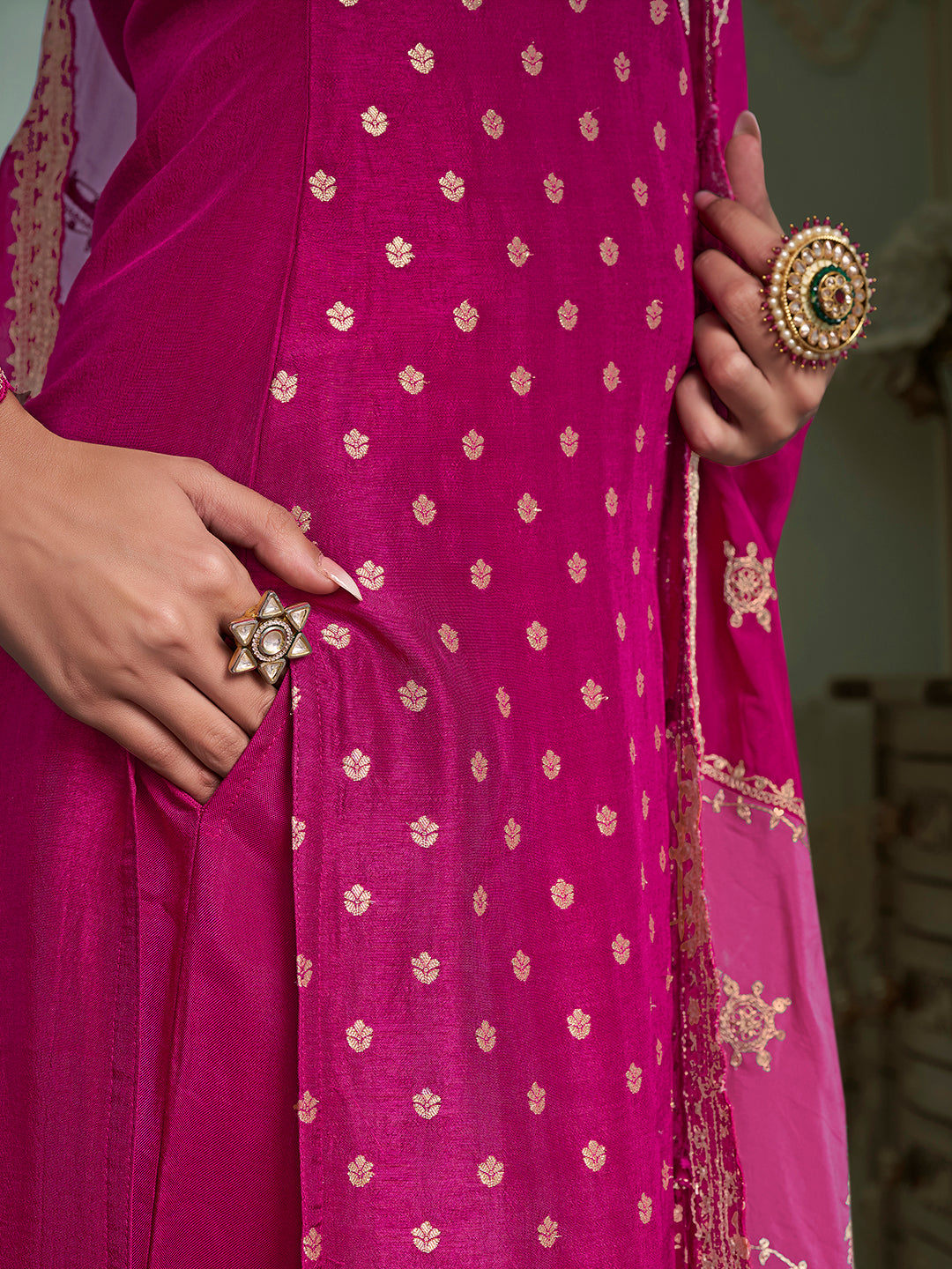 Hot Pink Kurta Set in Dola Jacquard with Sequins Embroidery