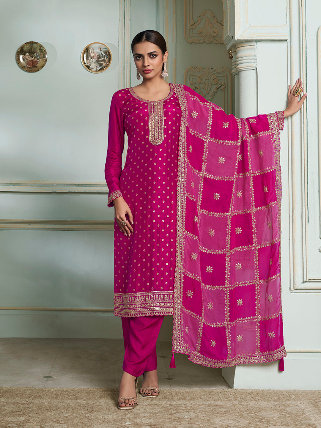 Hot Pink Kurta Set in Dola Jacquard with Sequins Embroidery