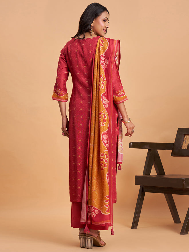 Women's Red Blend Embellished Kurta With Trouser And Dupatta