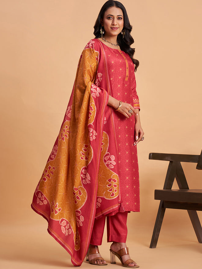 Women's Red Blend Embellished Kurta With Trouser And Dupatta