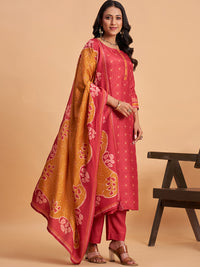 Women's Red Blend Embellished Kurta With Trouser And Dupatta