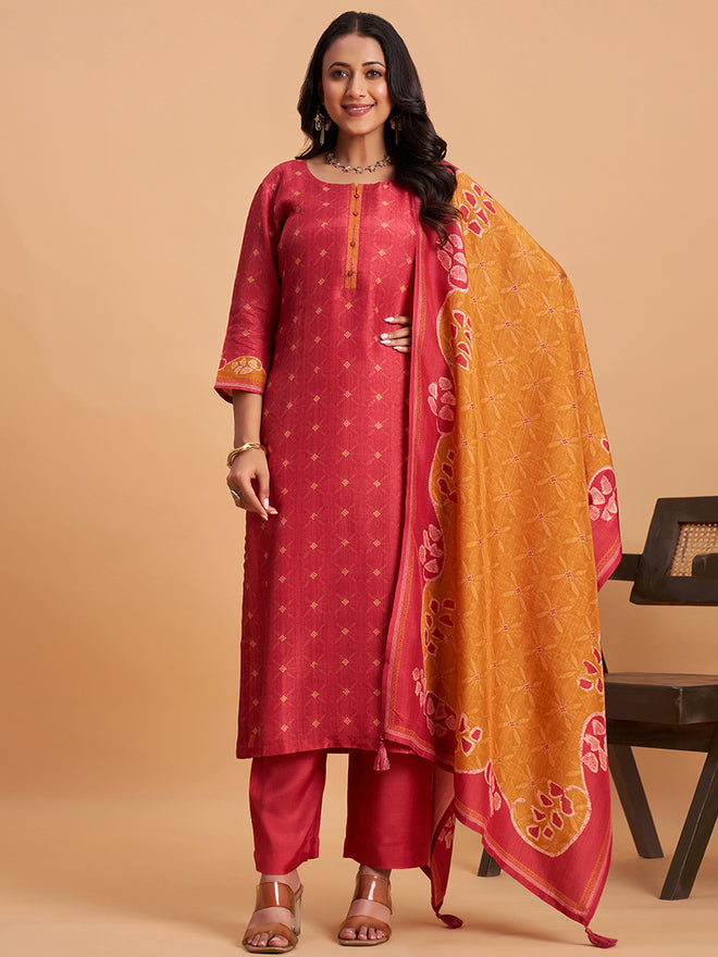 Women's Red Blend Embellished Kurta With Trouser And Dupatta