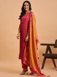 Women's Red Blend Embellished Kurta With Trouser And Dupatta