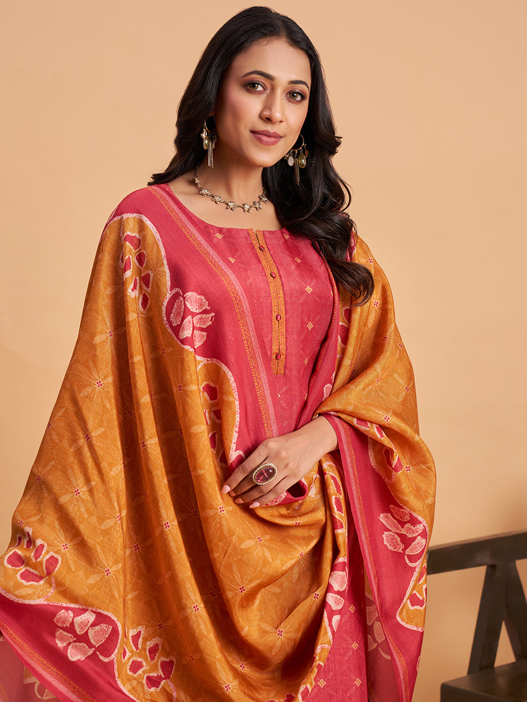 Women's Red Blend Embellished Kurta With Trouser And Dupatta
