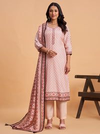 Women's Blush Pink Blend Embellished Kurta With Trouser And Dupatta