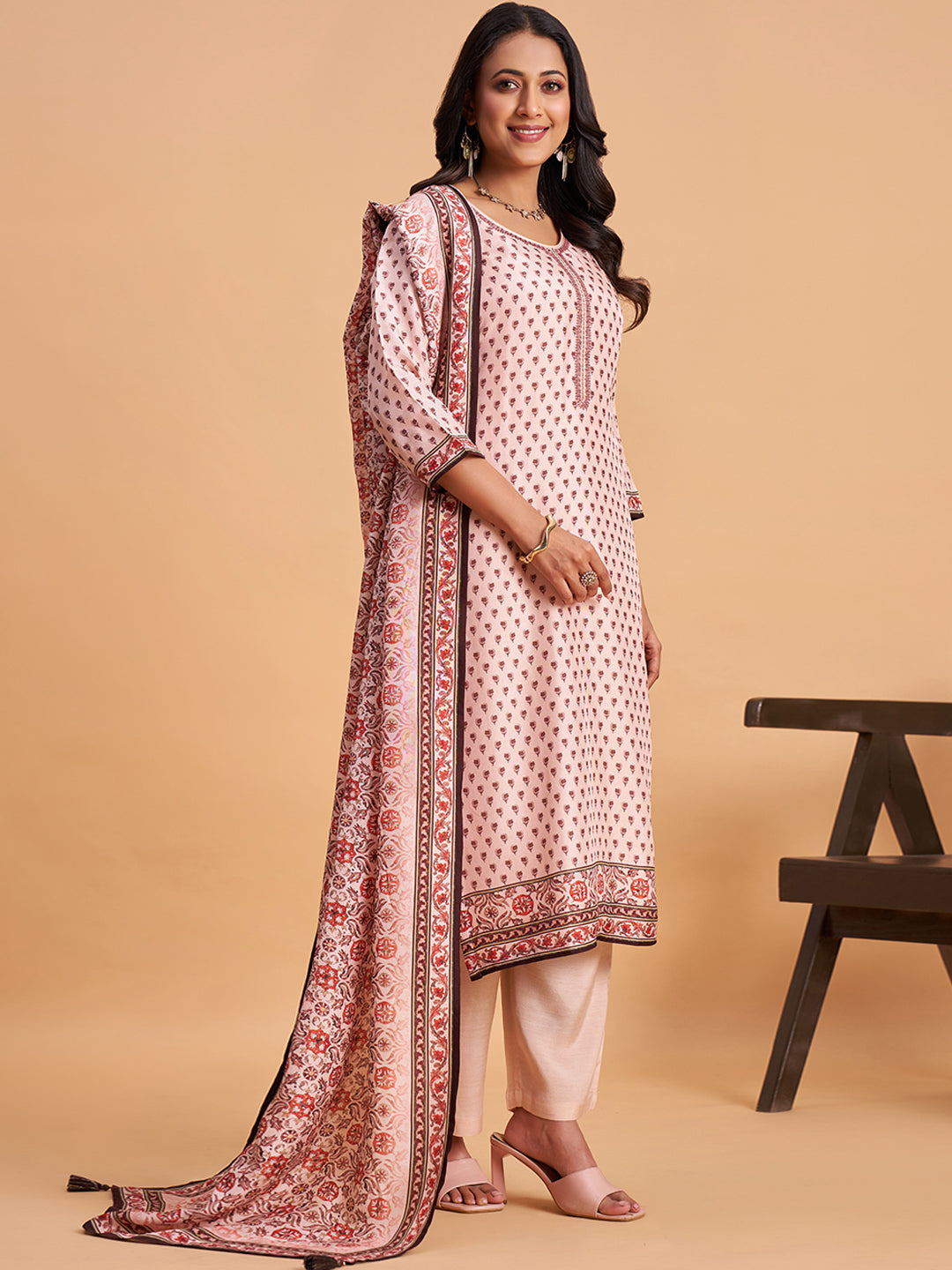 Women's Blush Pink Blend Embellished Kurta With Trouser And Dupatta