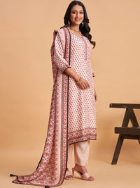 Women's Blush Pink Blend Embellished Kurta With Trouser And Dupatta