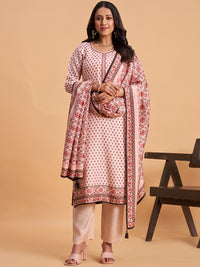 Women's Blush Pink Blend Embellished Kurta With Trouser And Dupatta