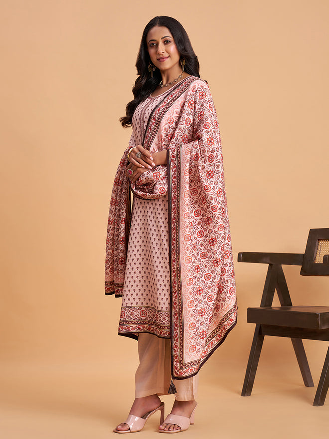 Women's Blush Pink Blend Embellished Kurta With Trouser And Dupatta