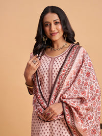 Women's Blush Pink Blend Embellished Kurta With Trouser And Dupatta