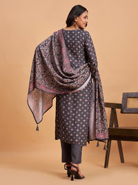 Women's Grey Silk Blend Embellished Kurta With Trouser And Dupatta