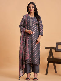 Women's Grey Silk Blend Embellished Kurta With Trouser And Dupatta