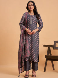 Women's Grey Silk Blend Embellished Kurta With Trouser And Dupatta