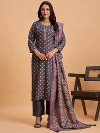 Women's Grey Silk Blend Embellished Kurta With Trouser And Dupatta