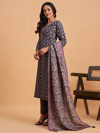 Women's Grey Silk Blend Embellished Kurta With Trouser And Dupatta