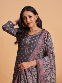 Women's Grey Silk Blend Embellished Kurta With Trouser And Dupatta