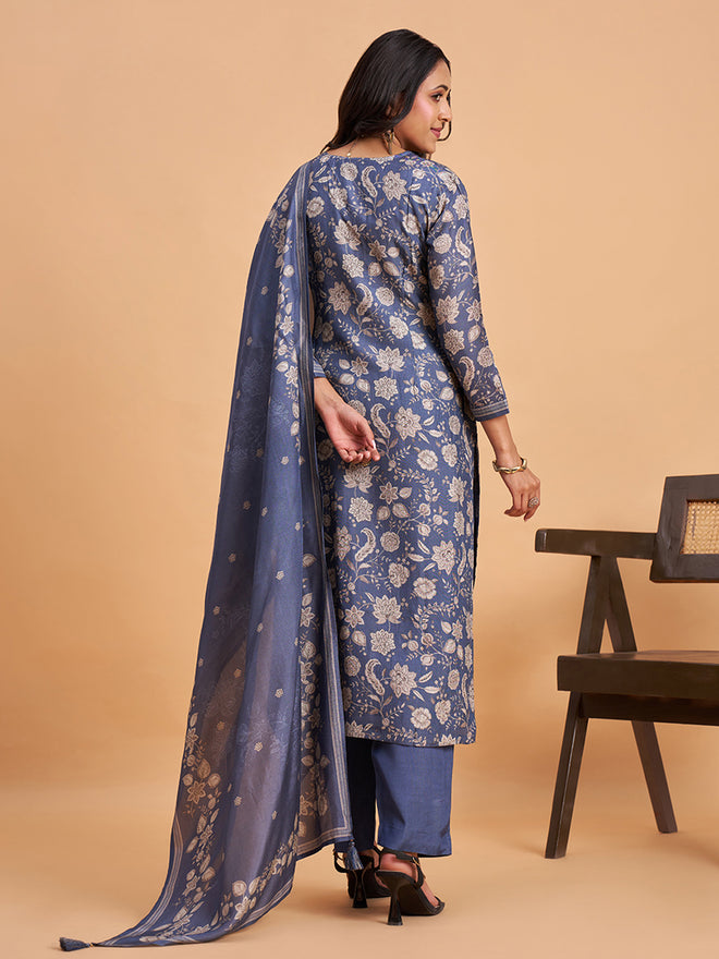 Women's Blue Silk Blend Embellished Kurta With Trouser And Dupatta