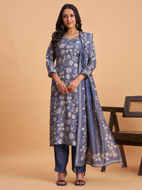 Women's Blue Silk Blend Embellished Kurta With Trouser And Dupatta