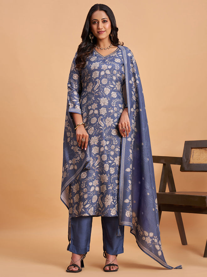 Women's Blue Silk Blend Embellished Kurta With Trouser And Dupatta