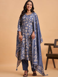 Women's Blue Silk Blend Embellished Kurta With Trouser And Dupatta