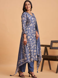 Women's Blue Silk Blend Embellished Kurta With Trouser And Dupatta