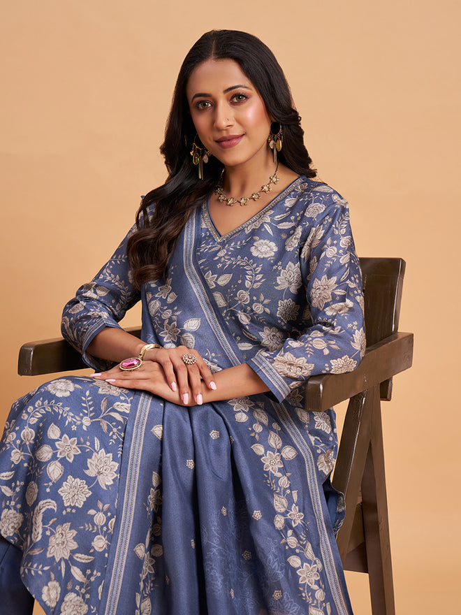 Women's Blue Silk Blend Embellished Kurta With Trouser And Dupatta