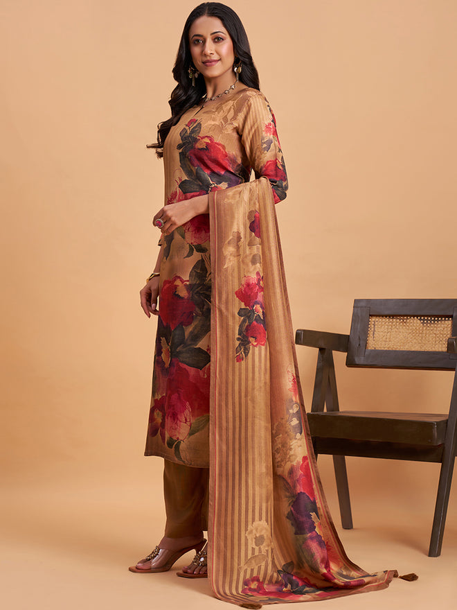 Women's Mustard Blend Embellished Kurta With Trouser And Dupatta