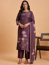 Women's Purple Blend Embellished Kurta With Trouser And Dupatta