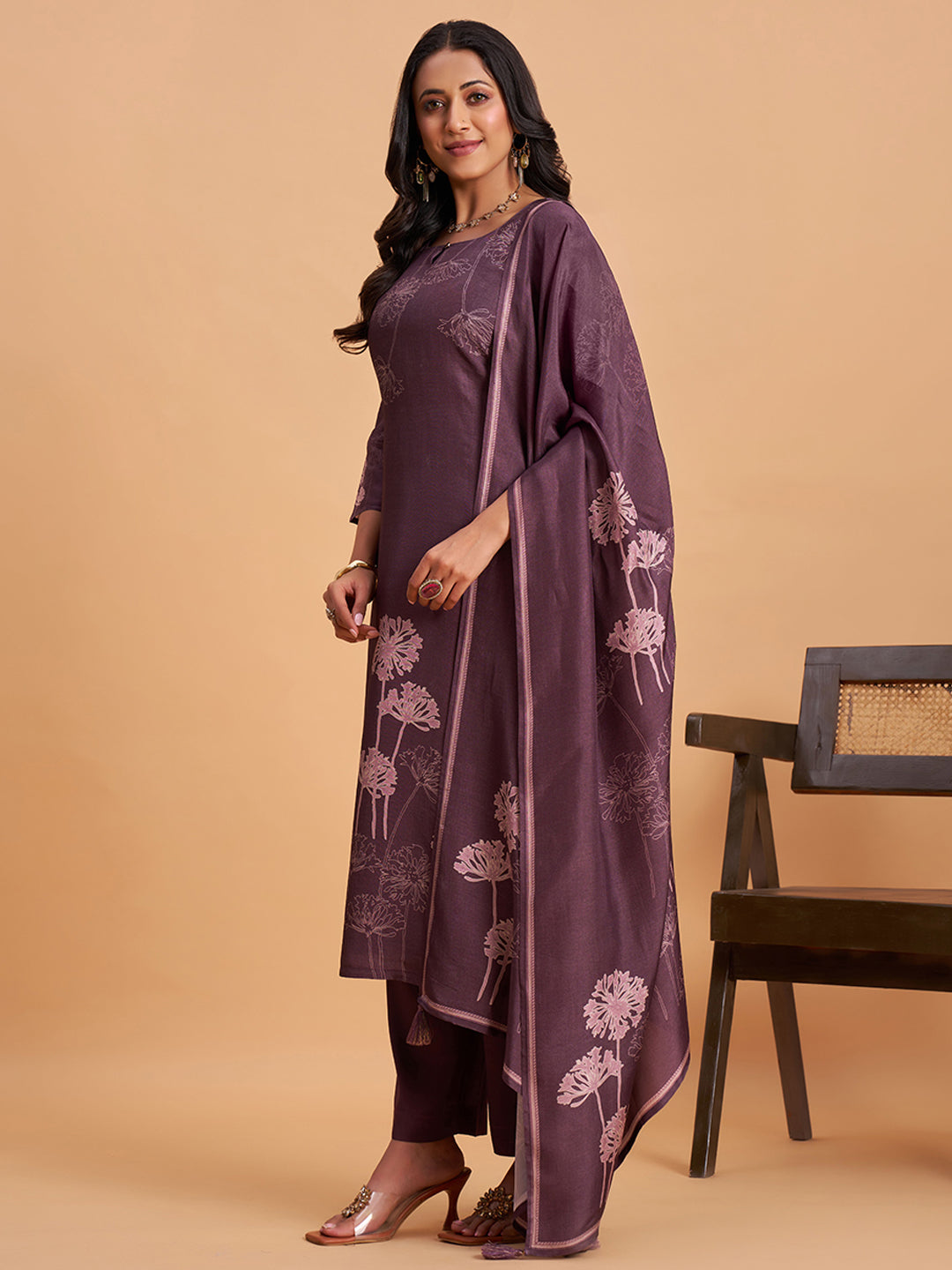 Women's Purple Blend Embellished Kurta With Trouser And Dupatta