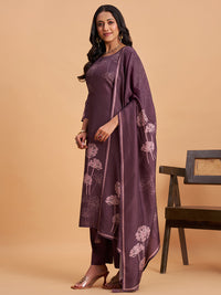 Women's Purple Blend Embellished Kurta With Trouser And Dupatta