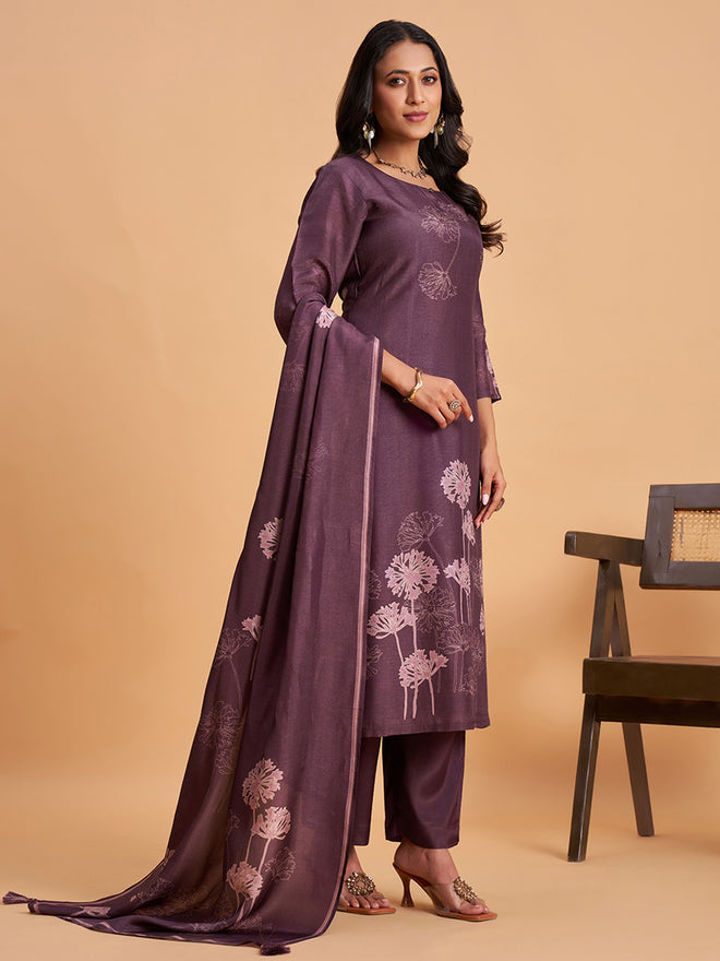 Women's Purple Blend Embellished Kurta With Trouser And Dupatta