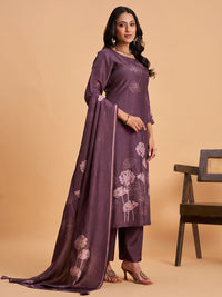 Women's Purple Blend Embellished Kurta With Trouser And Dupatta