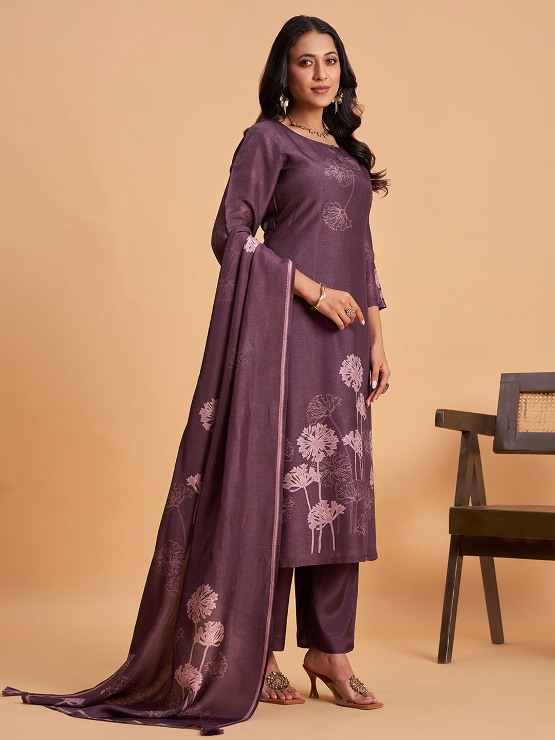 Women's Purple Blend Embellished Kurta With Trouser And Dupatta